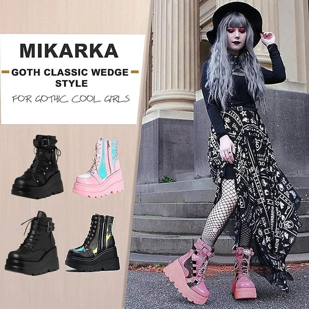 Women's Black Lace Up Ankle Studded Buckle Goth Stacked Wedge Combat Ankle Boots